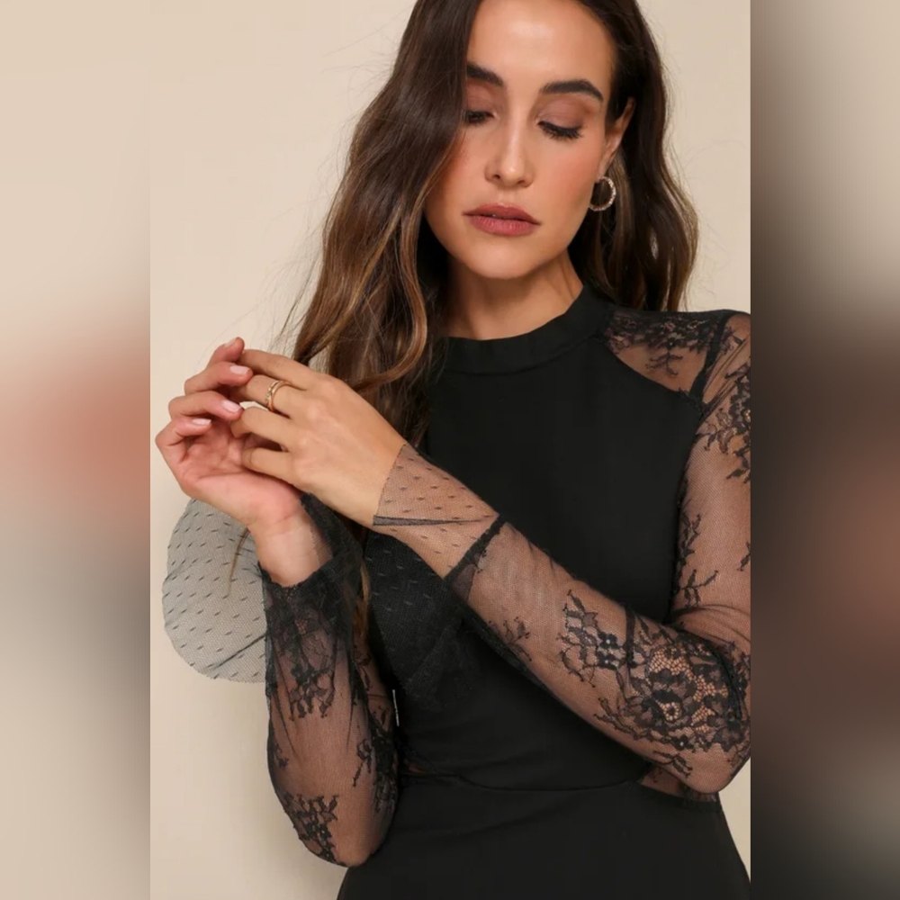 #199 Bragging Rights Black Lace Long Sleeve Skater Dress - Picture 4 of 4